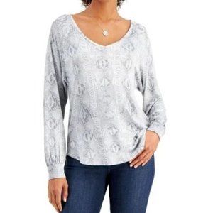 Willow Drive Womens Large Grey Python Printed V Neck 3/4 Sleeve Top NWT AK51